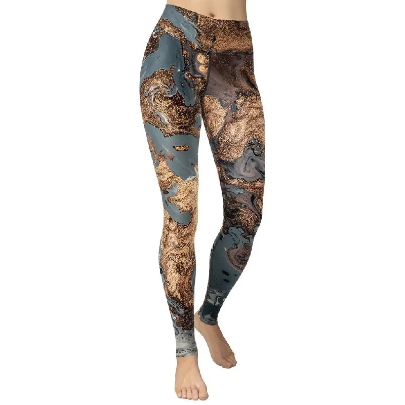 Belted women leggings for a defined waist and added styleBronze Marble Print Yoga Leggings