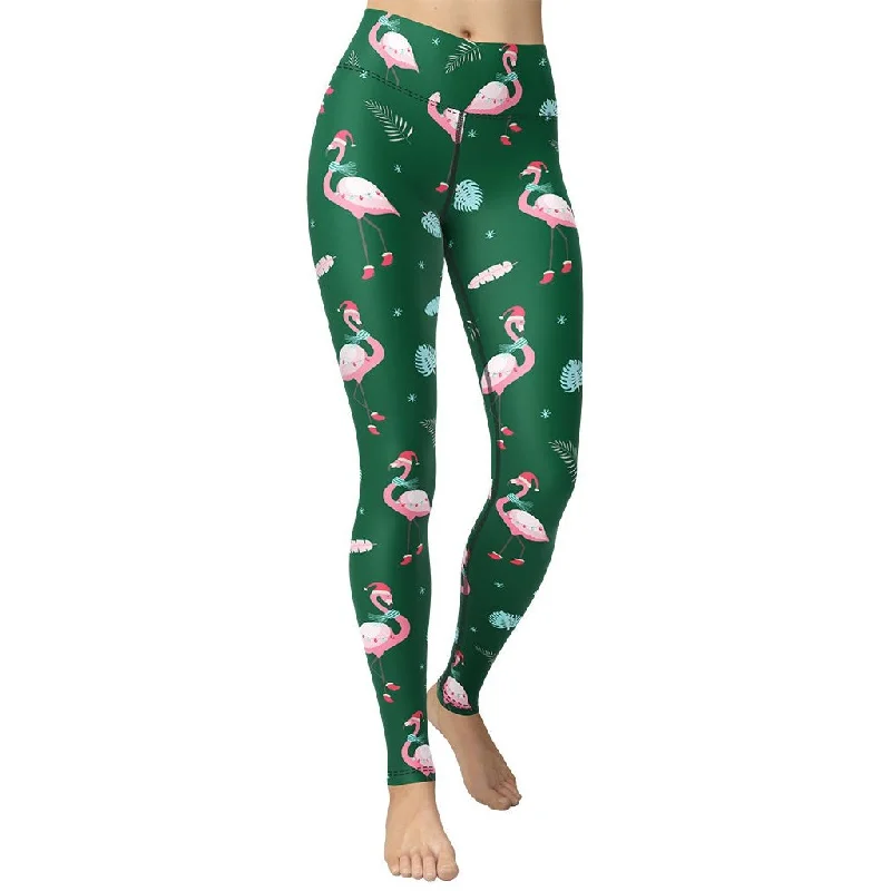 Fleece - lined women leggings for extra warmth in cold weatherChristmassy Flamingos Yoga Leggings