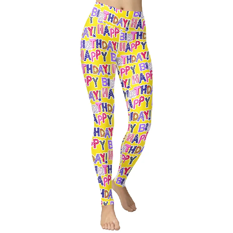 Printed floral women leggings for a feminine and eye - catching lookColorful Birthday Yoga Leggings