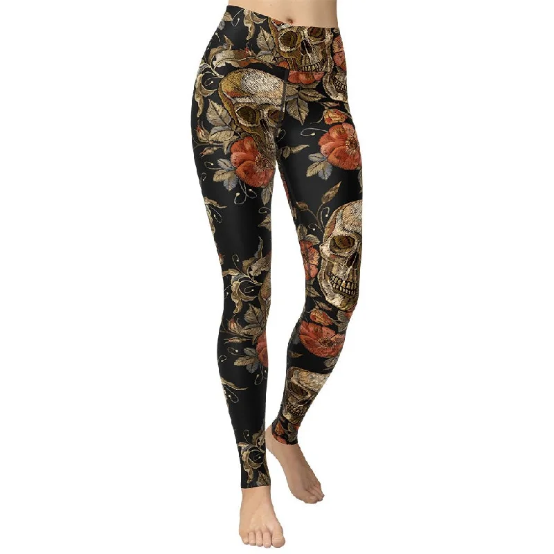 Lace - trimmed women leggings for an elegant and romantic touchEmbroidery Print Skull Yoga Leggings