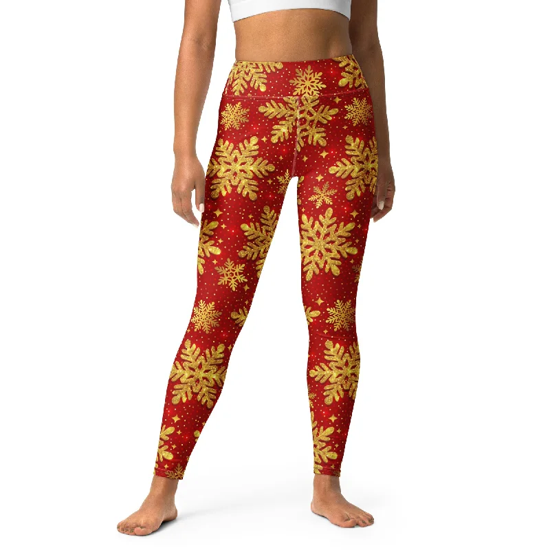 Lace - trimmed women leggings for an elegant and romantic touchGold Snowflake Print Yoga Leggings