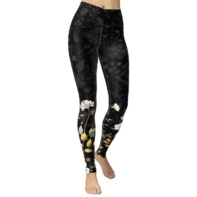 Lace - trimmed women leggings for an elegant and romantic touchGolden Floral Yoga Leggings