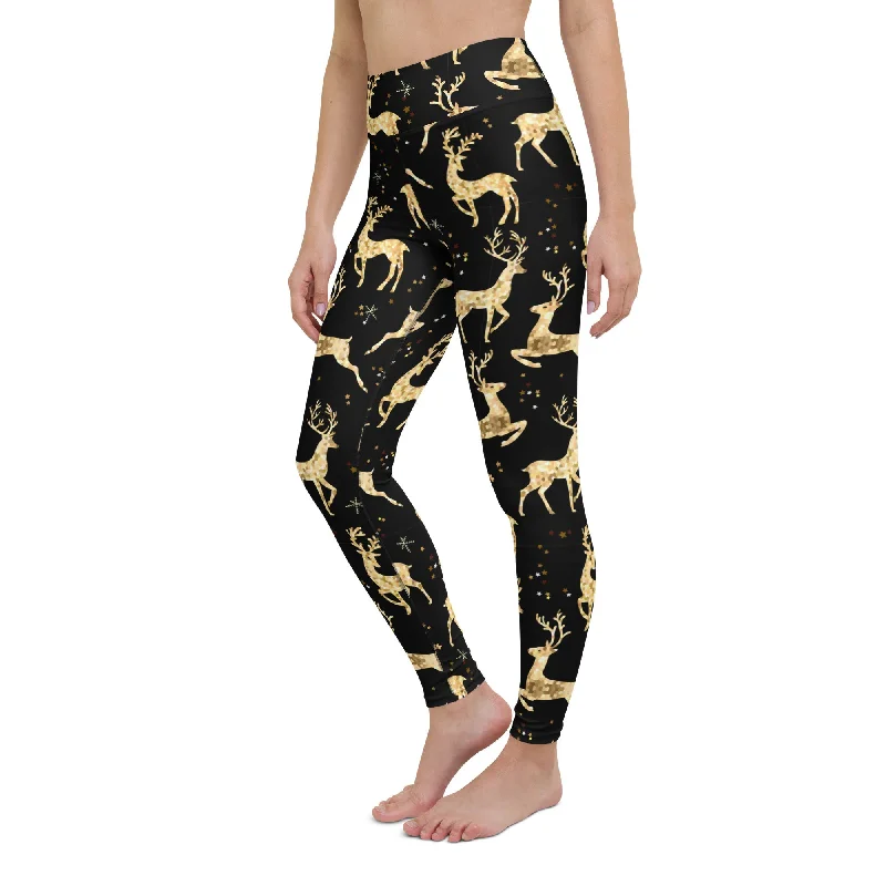 Leather - look women leggings for a bold and edgy styleGolden Reindeers Print Yoga Leggings