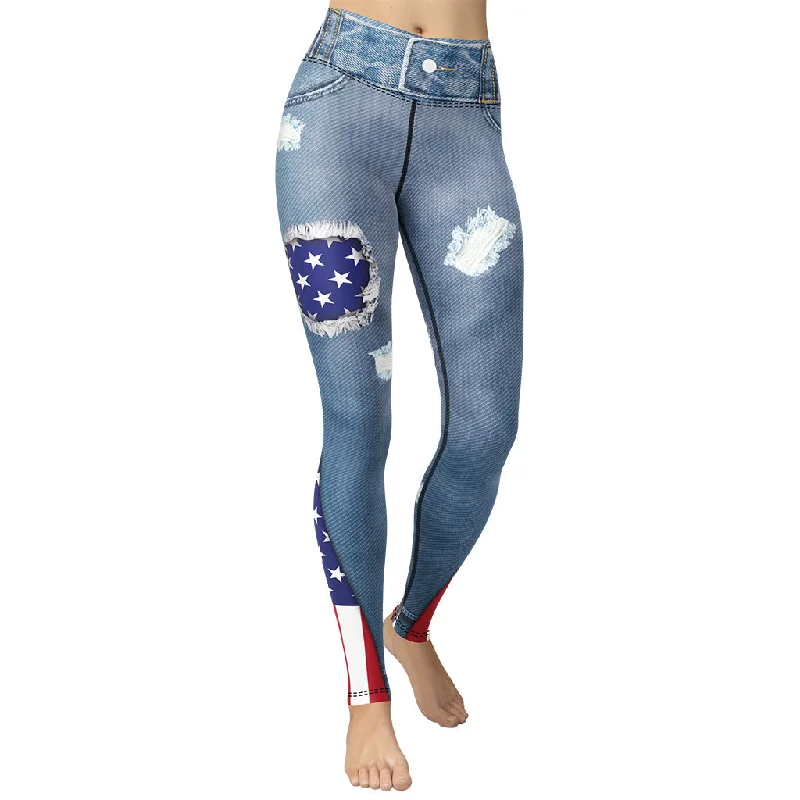 Cargo - pocket women leggings for added functionality and stylePatriotic Denim Print Yoga Leggings