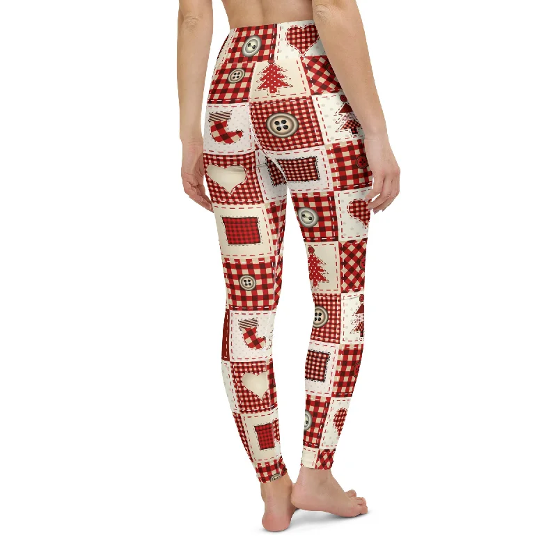 Organic cotton women leggings for an eco - friendly and soft optionRed Christmas Patchwork Yoga Leggings