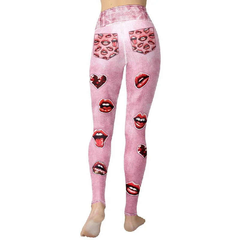 Belted women leggings for a defined waist and added styleValentine Lips Denim Print Yoga Leggings