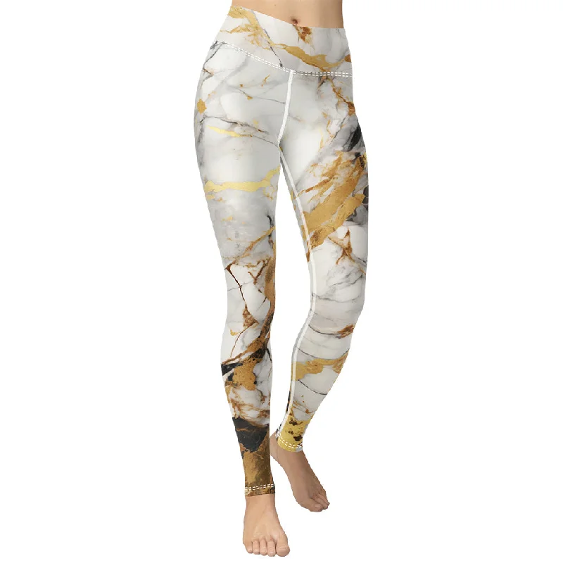 Compression women leggings for post - workout recovery and muscle supportWhite & Gold Marble Yoga Leggings