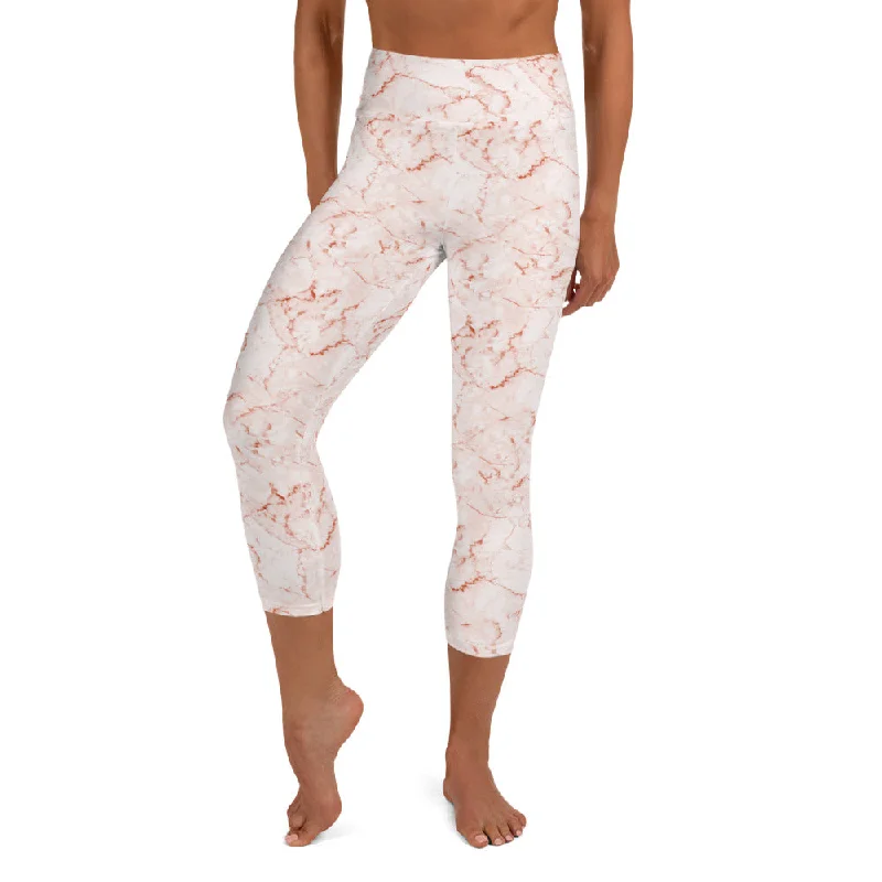 High - waisted women leggings for a tummy - control and flattering fitYoga Capri Leggings in Coral Marble Print