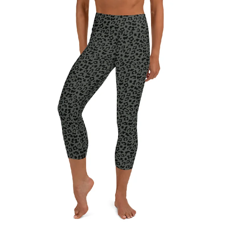 Leather - look women leggings for a bold and edgy styleYoga Capri Leggings in Dark Muted Green Leopard