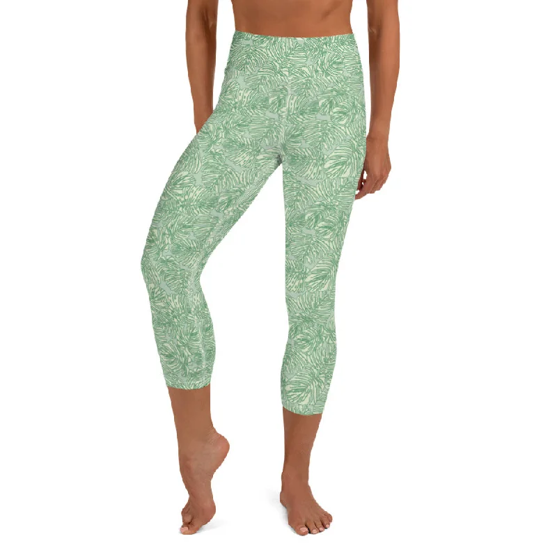 Lace - trimmed women leggings for an elegant and romantic touchYoga Capri Leggings in Green Palm Print