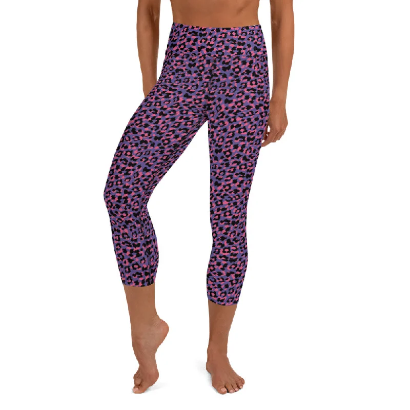 Ripped women leggings for a trendy and rebellious fashion statementYoga Capri Leggings in Vibrant Pink and Purple Animal Print